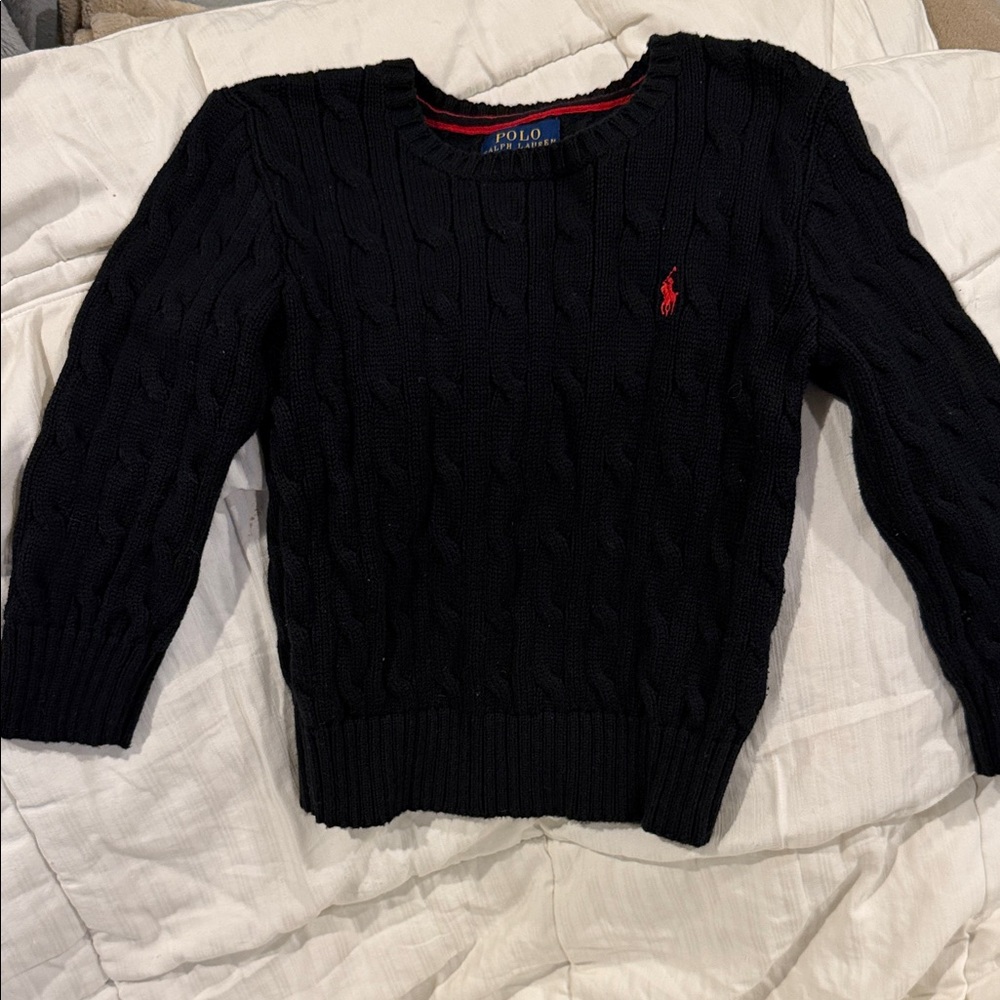 Polo by Ralph Lauren Black Cable Knit Sweater with red logo